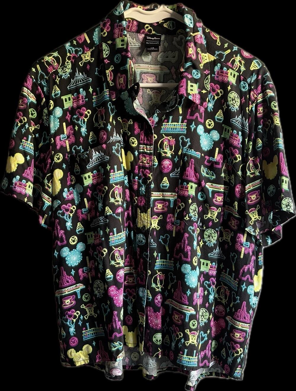 Disney Parks Her Universe Neon Park Attractions Rayon Shirt Womens Large Black